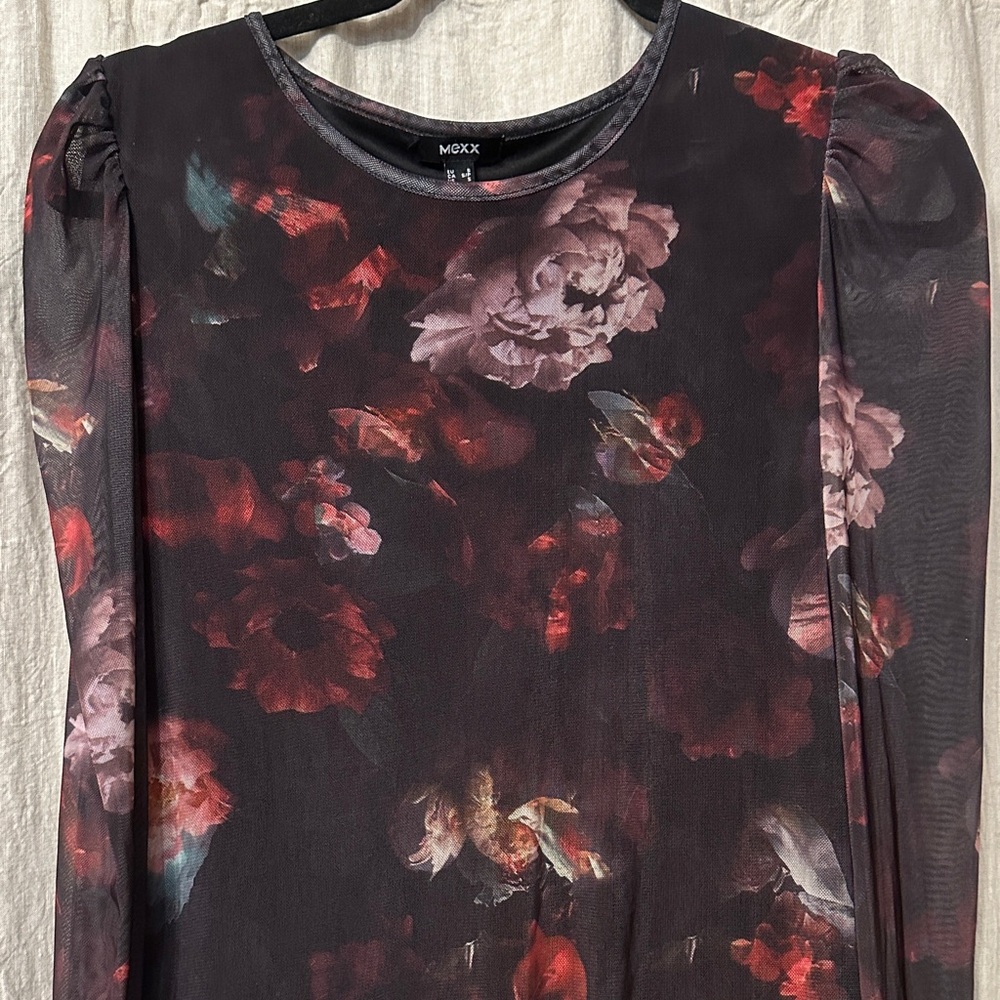 Mexx Dark Floral Sheer Blouse Extra Long Sleeves